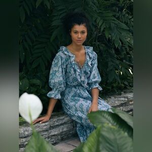 Mille Resort & Travel June Ruffle Midi Dress in Blue Pansy